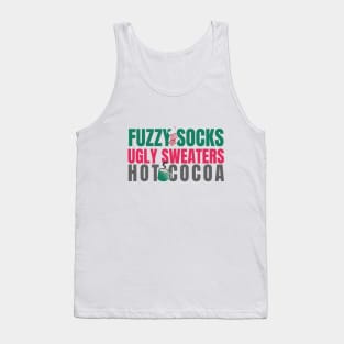 Christmas Themed Fuzzy Socks, Ugly Sweaters, Hot Cocoa Winter Quote Tank Top